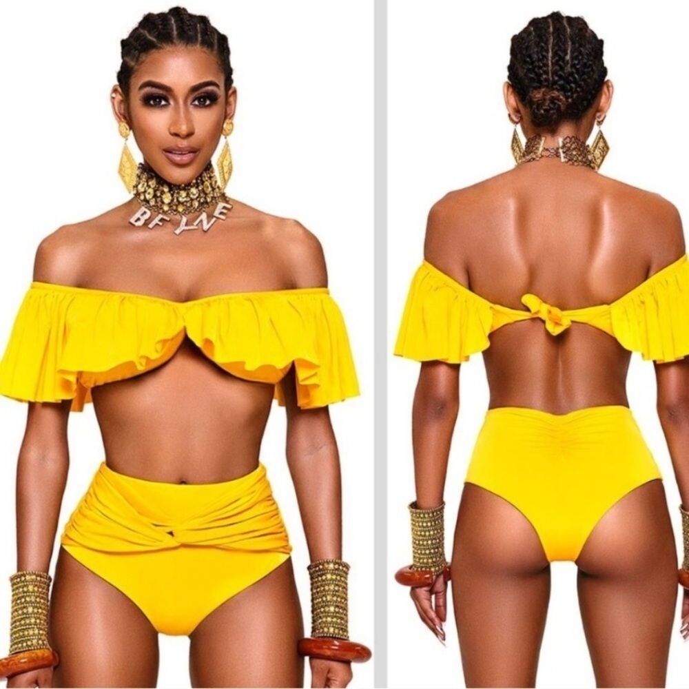 New! BFyne Joji Yellow Ruffled Off-Shoulder bikini Top 3475